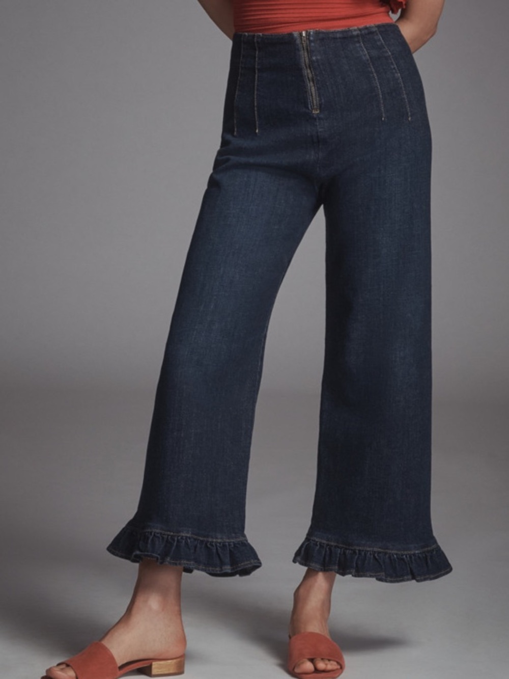 Maeve x Anthropologie The Colette Dark Denim Ruffled Cropped Wide-Leg Jeans